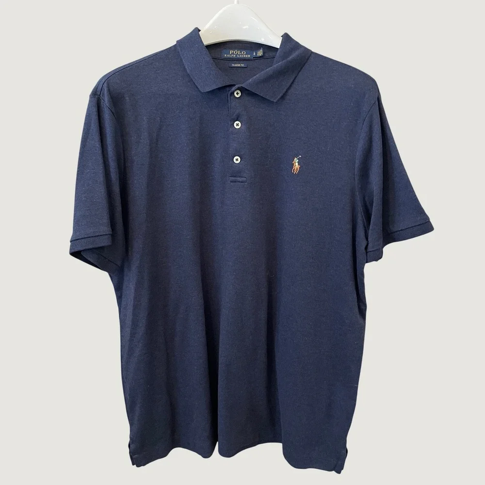 Polo Ralph Lauren Mens Classic Fit Navy Blue Heather Cotton Polo Shirt Large LG